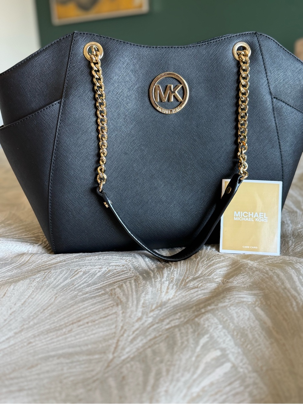 Michael Kors Black Saffiano Tote with Gold Chain Accents